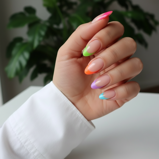 Hand with Clawture Paris Pop multicolored french tip press on nails in front of a blurred plant background