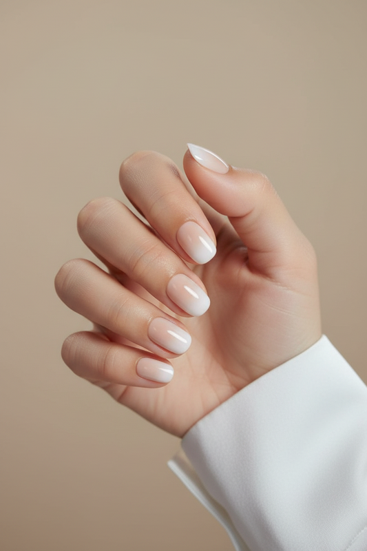 Hand with petaline light pink and white clawture press on nails on a beige background