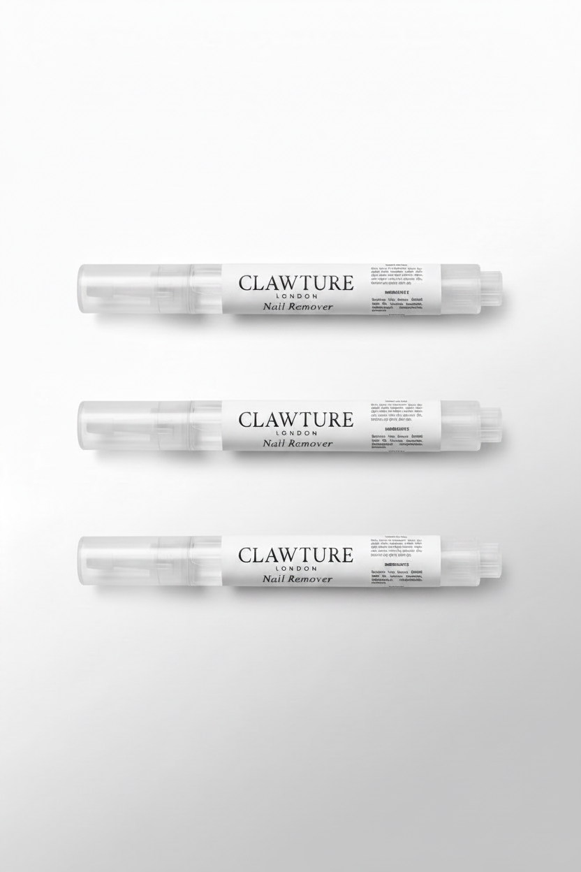 Three bottles of Clawture nail remover on a light beige background