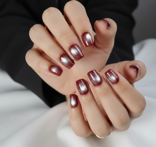 Close-up of hands with red and silver cat eye amor clawture press on nails on a neutral background