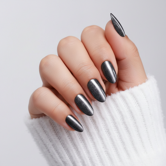Hand with metallic silver cat eye dark desire clawture press on nails on a light background