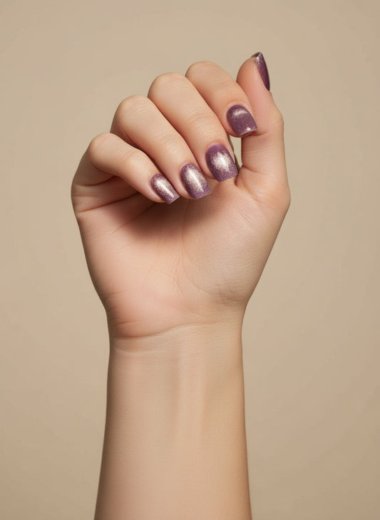 Hand with purple cat eye mystique clawture press on nails on a beige background