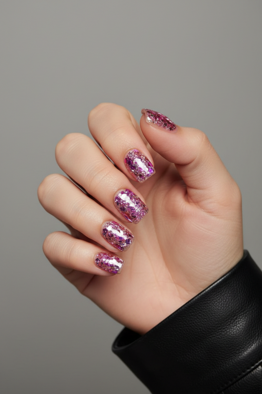 Hand with glittery purple and pink pink disco clawture press on false nails on a gray background