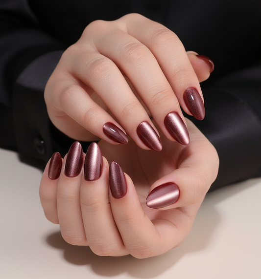 Close-up of hands with holografic cat eye secrets of burgundy clawture press on nails on a neutral background