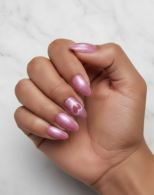 Hand with pink cat eye and heart nails on a white background valentine clawture press on nails tanned hand