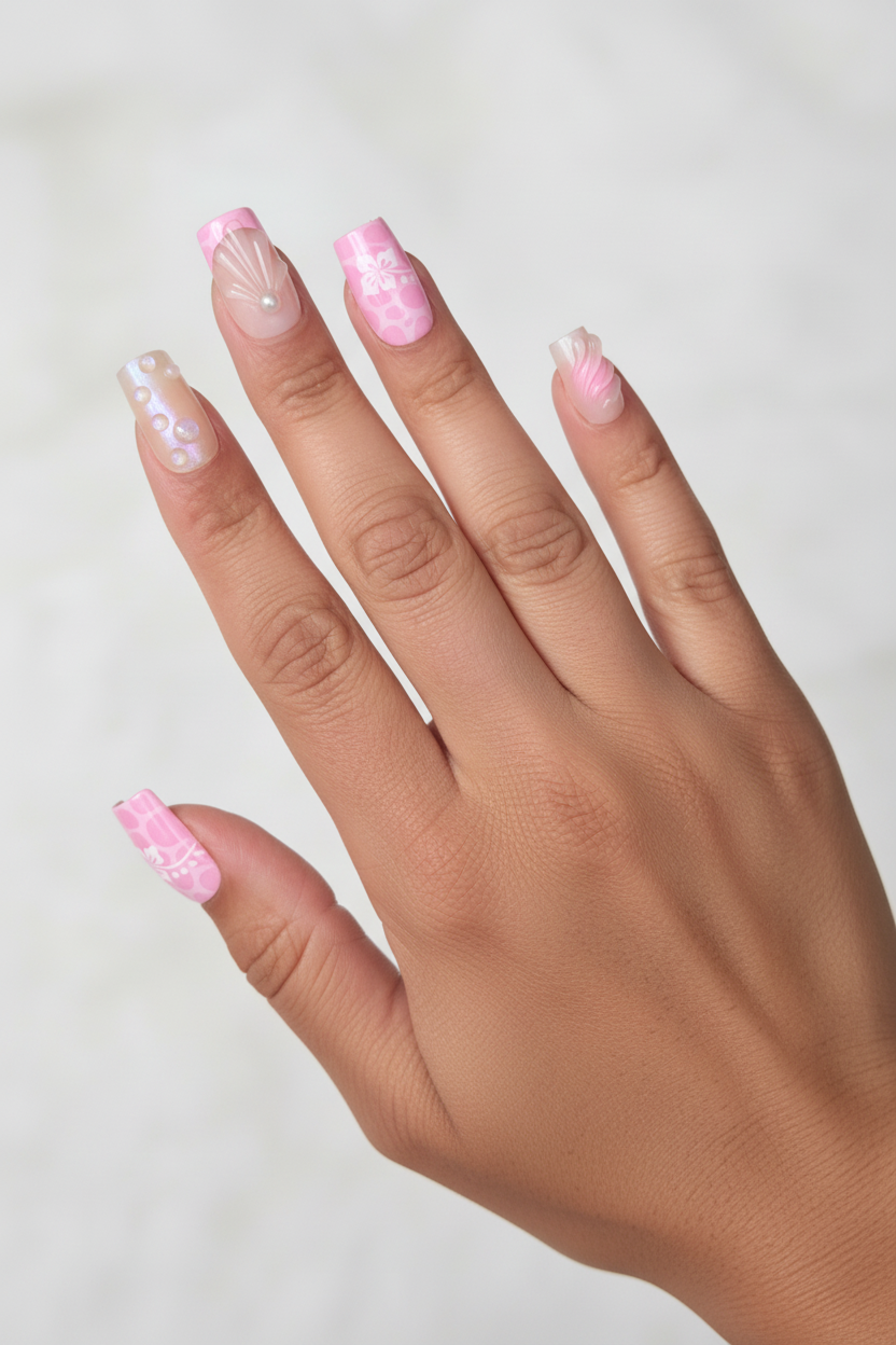 Hand with pink Aloha Clawture false press on nails on a light background