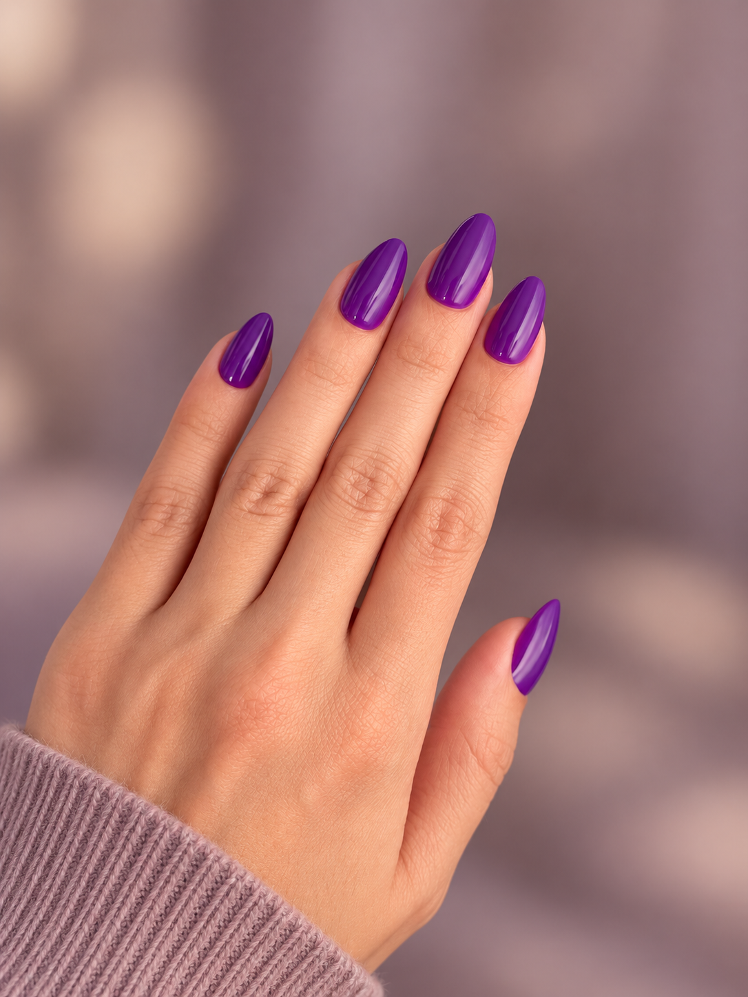 Amethyst Clawture press on nails: hand with long glossy almond-shaped purple amethyst nails on a soft mauve background.