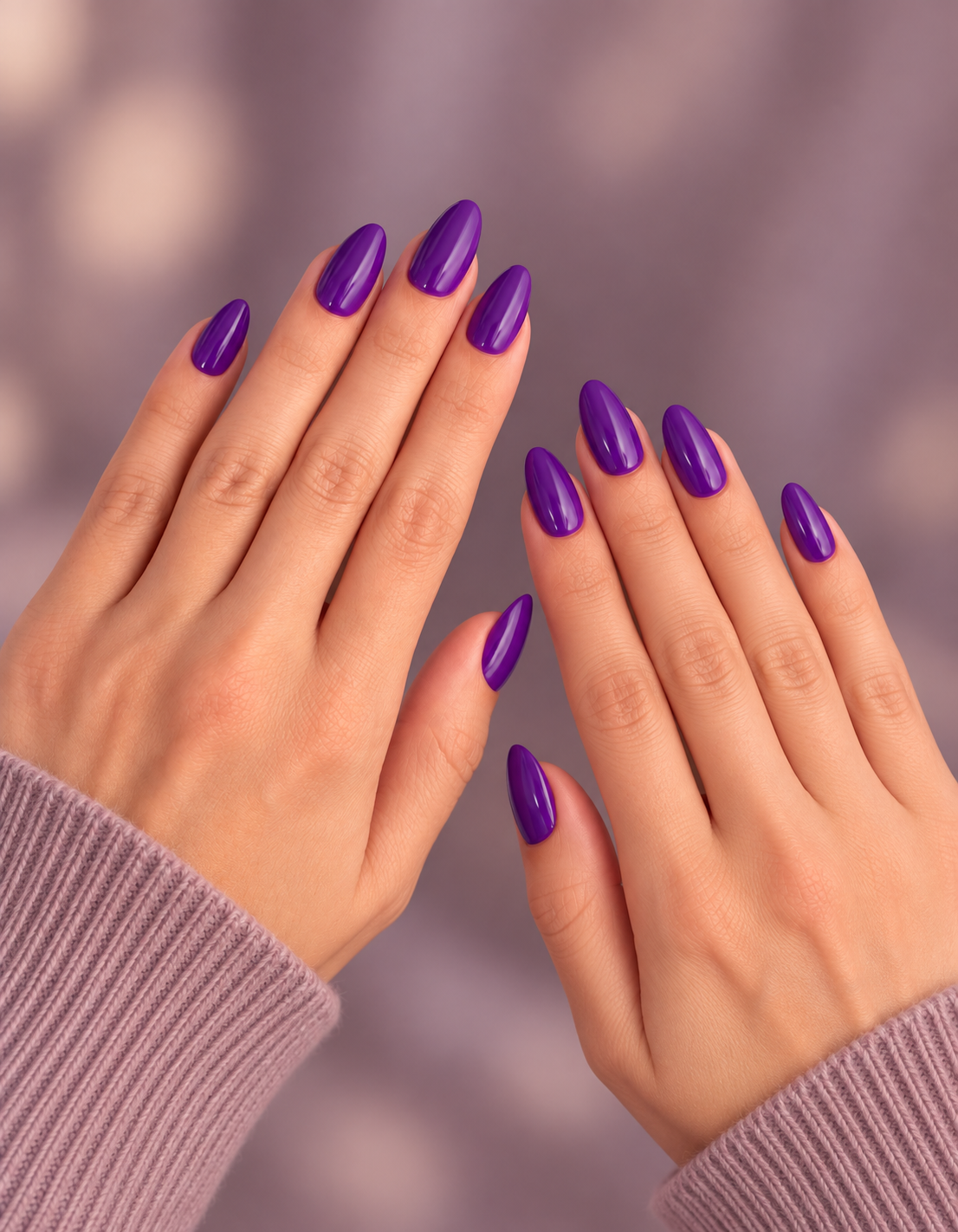 Amethyst Clawture press on nails: two hands with glossy almond-shaped purple nails against a soft mauve background with a lilac sweater.