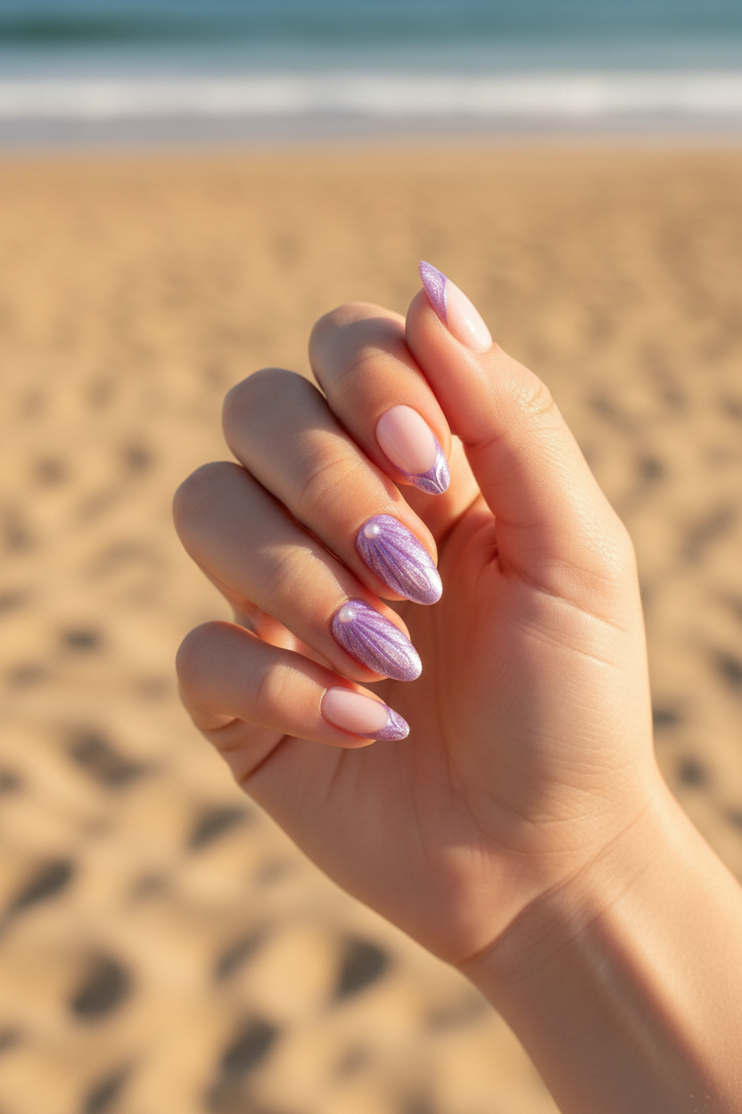 Hand with purple Ariel Clawture false press on nails  against a blurred beach background