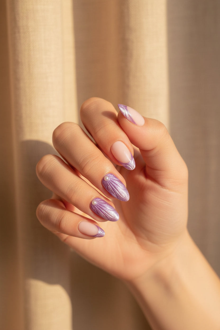 Hand with purple and white Ariel Clawture false press on nails against a beige curtain background