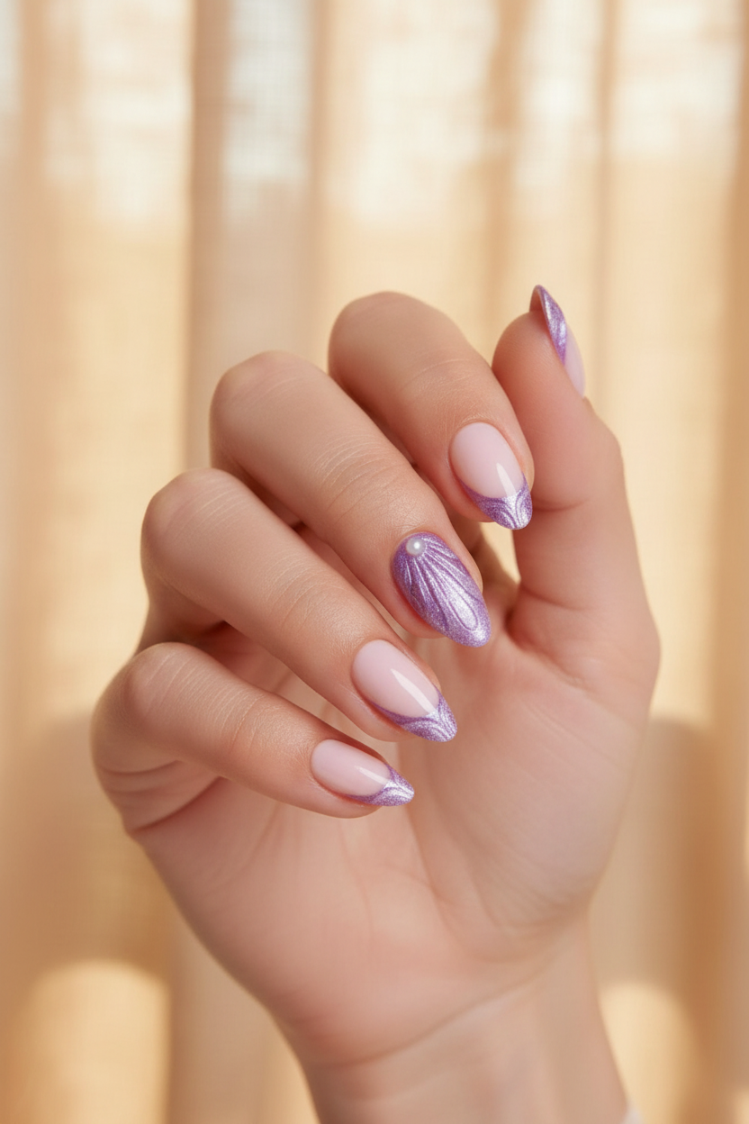Hand with pink and purple Ariel Clawture false press on nails  on a soft beige background