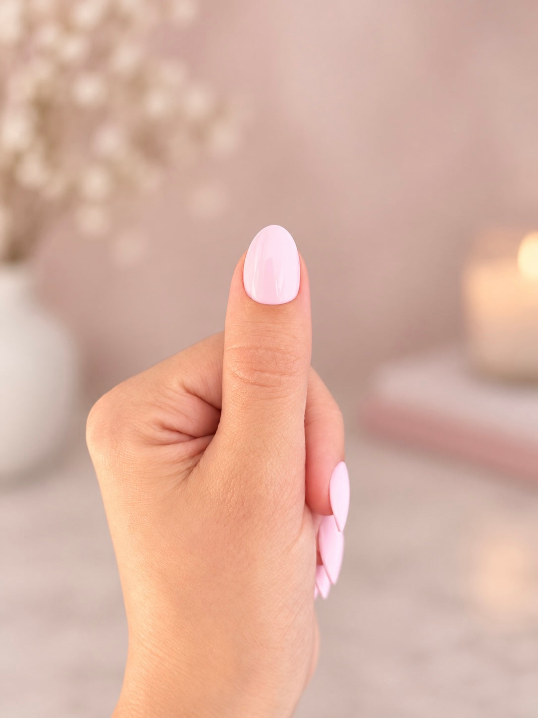 Baby Pink Clawture press on nails: close-up of a thumb with a glossy baby pink press on nail on a soft pink background with dried flowers.