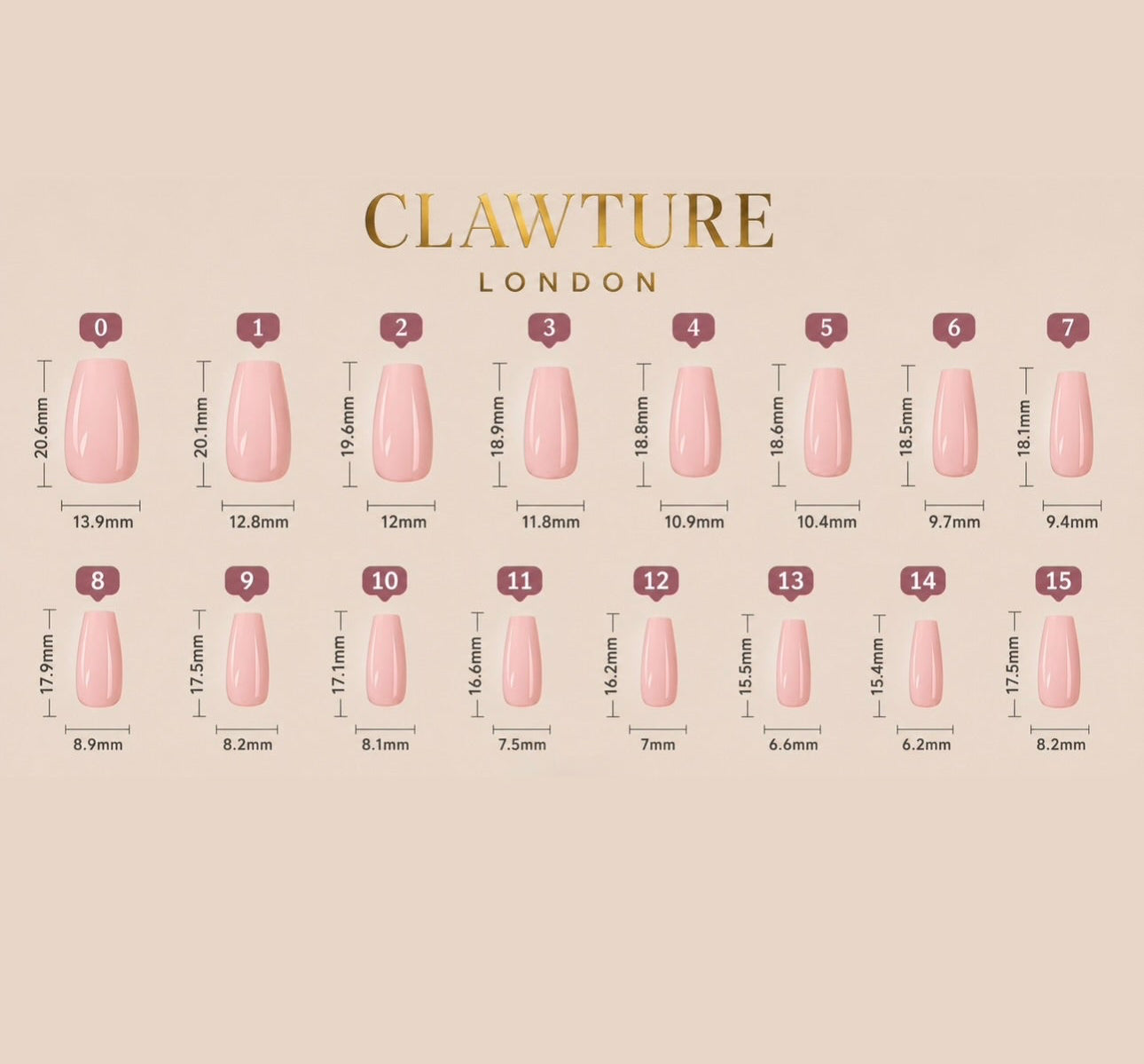Nail polish color chart with 'Clawture London' branding on a beige background