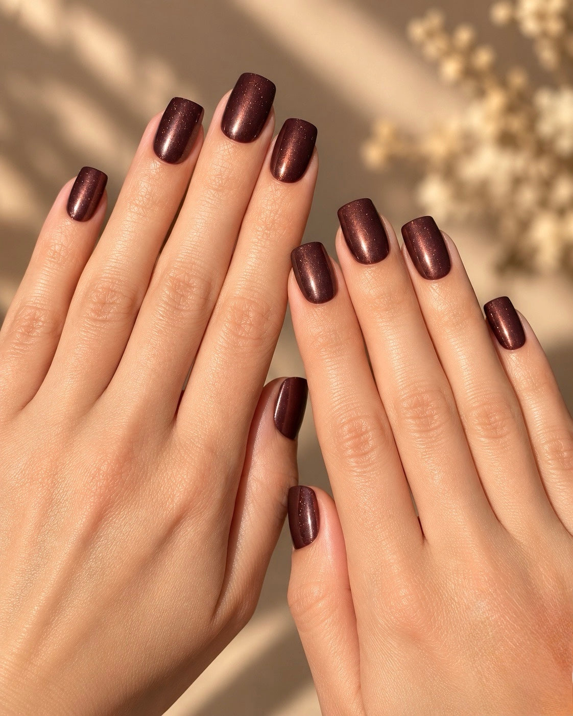 Chocolate Truffle Clawture press on nails: two hands with short glossy deep chocolate brown nails against a warm background with soft shadows.