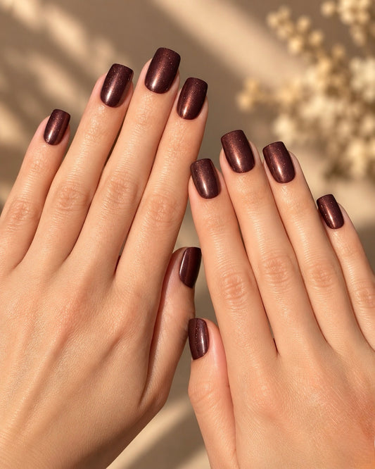 Chocolate Truffle Clawture press on nails: two hands with short glossy deep chocolate brown nails against a warm background with soft shadows.