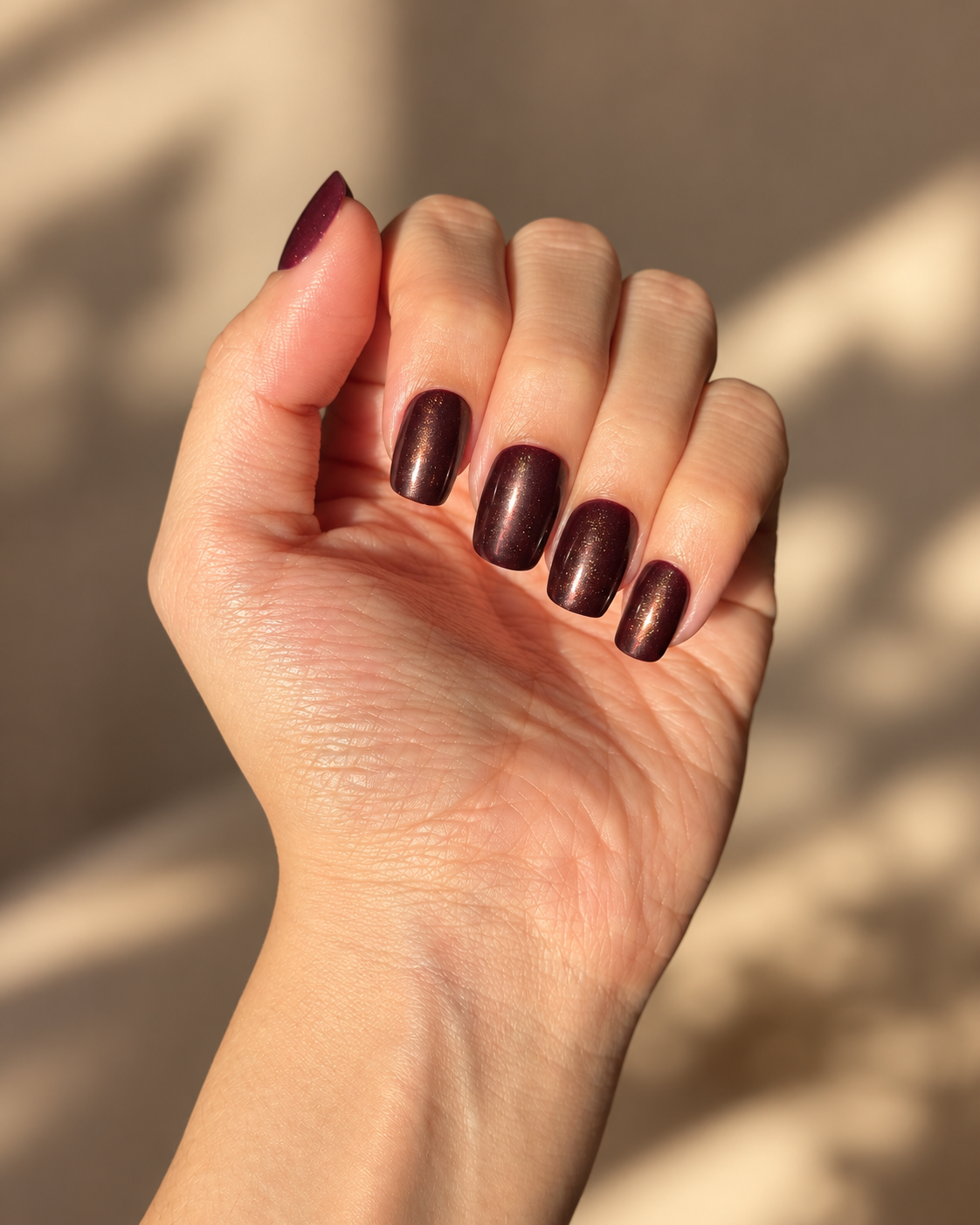 Chocolate Truffle Clawture press on nails: hand with short glossy dark chocolate brown nails held up against a warm beige background.