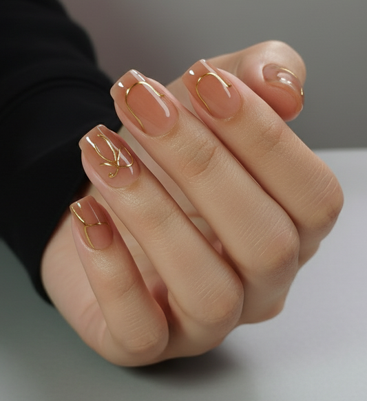 Clawture Bowtique press on nails on hand with a blurred office background