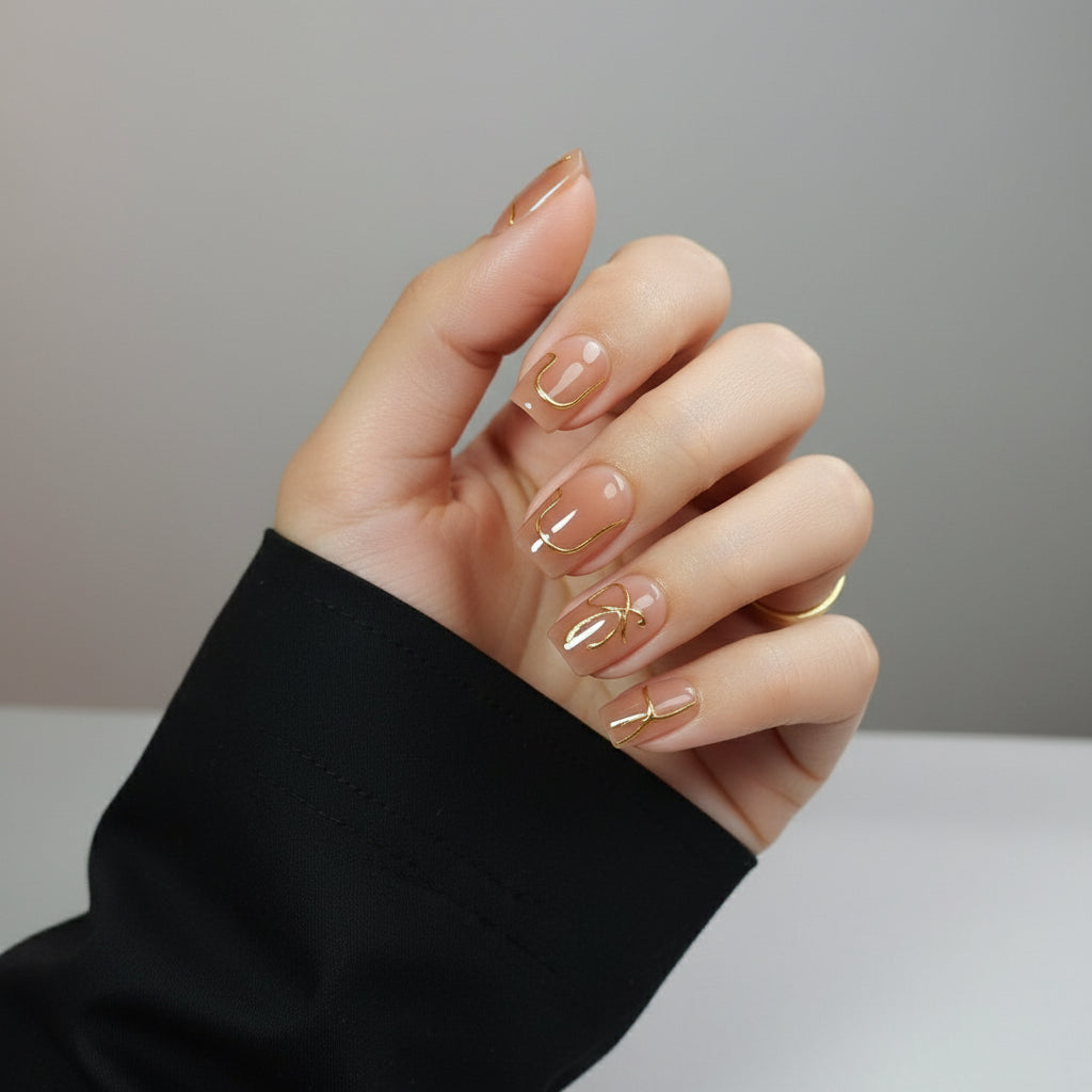 Hand with gold Clawture Bowtique press on nails and a black sleeve on a neutral background