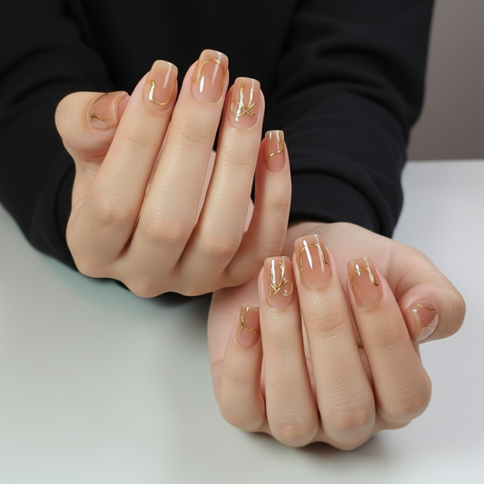 Close-up of hands with beige Clawture Bowtique press on nails on a neutral background