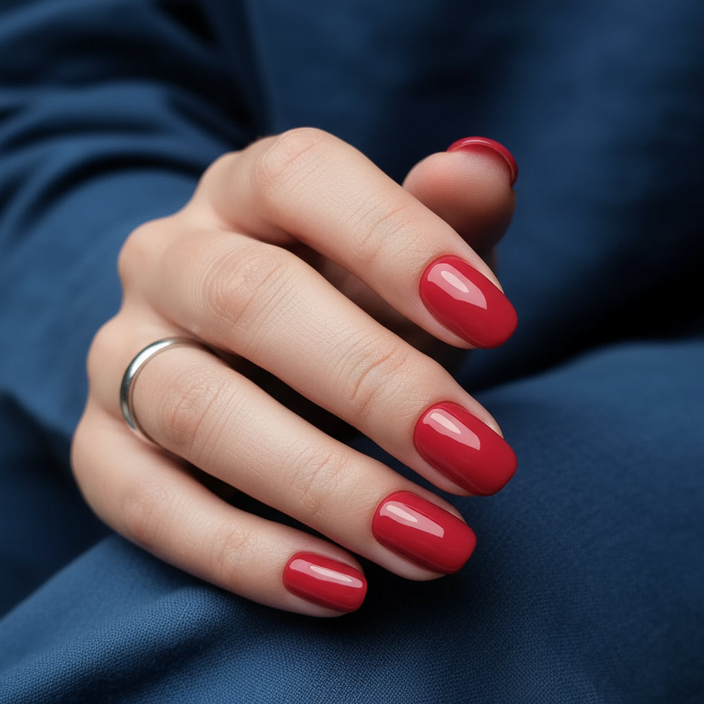 Hand with red Clawture Lady press on nails on a blue fabric background
