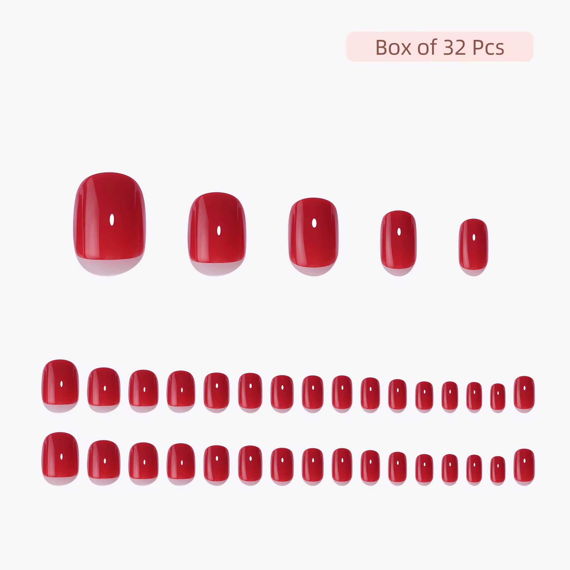 Red Clawture Lady press on nails displayed on a white background with text indicating 'Box of 32 Pcs'.