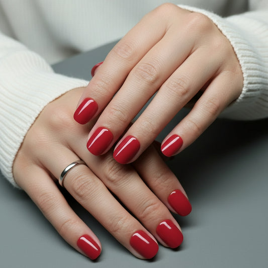 Close-up of hands with red Clawture Lady press on nails on a neutral background