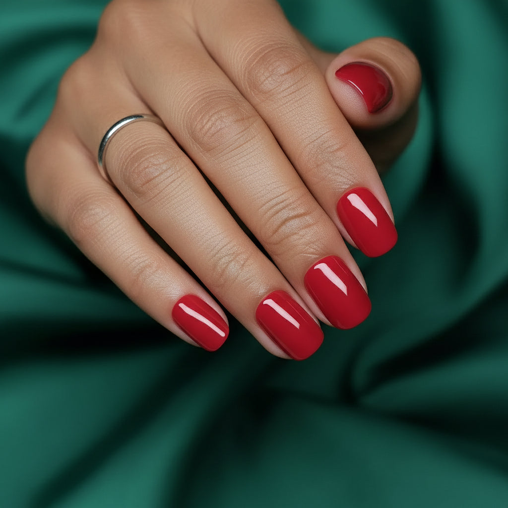Hand with red Clawture Lady press on nails on a green fabric background