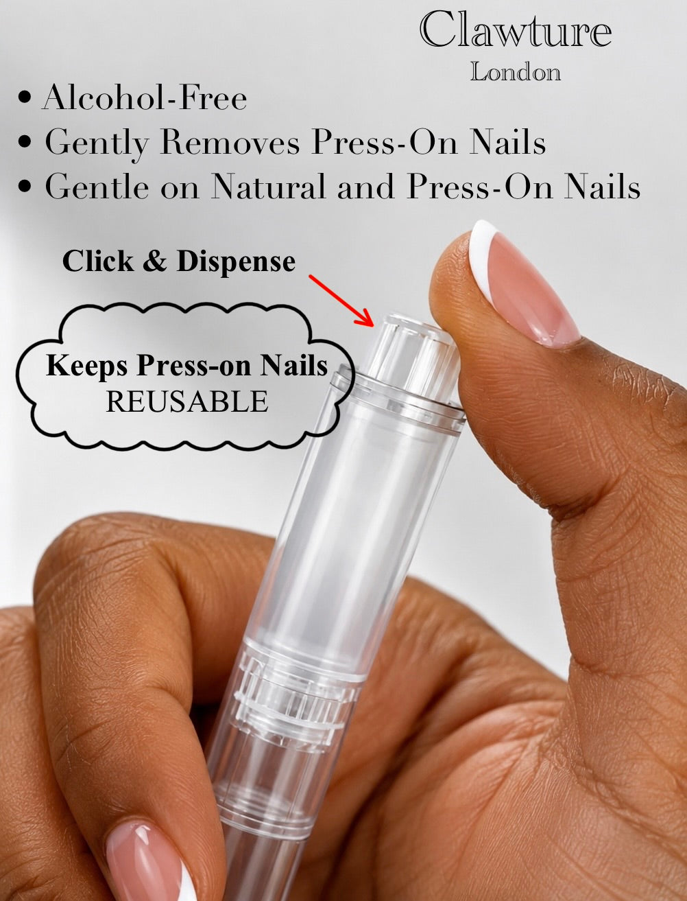 Hand holding a nail removal tool with text highlighting features, brand 'Clawture London' visible.