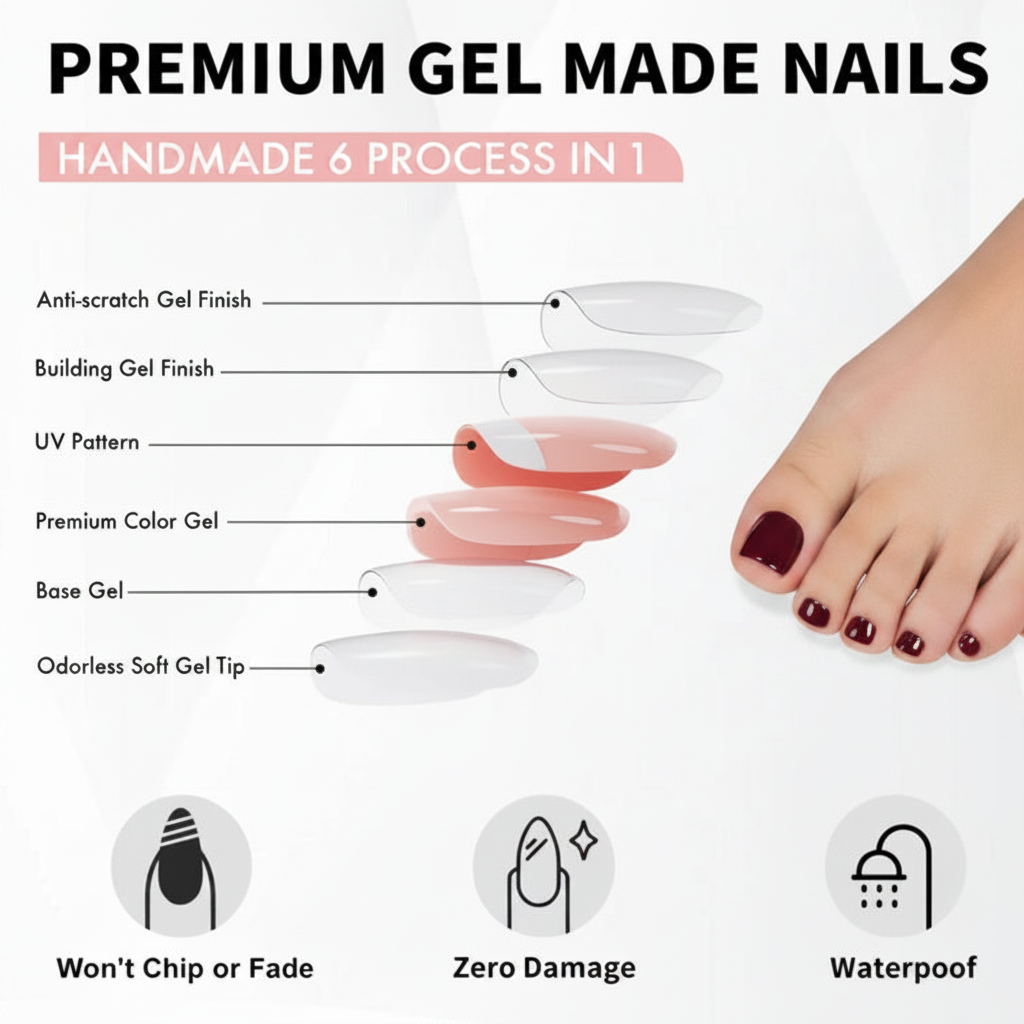 Diagram of premium gel made nails with labeled components and a foot with painted nails.