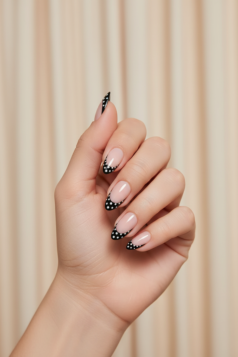 Hand with polka dot Clawture Polka Noir press on nails against a beige background