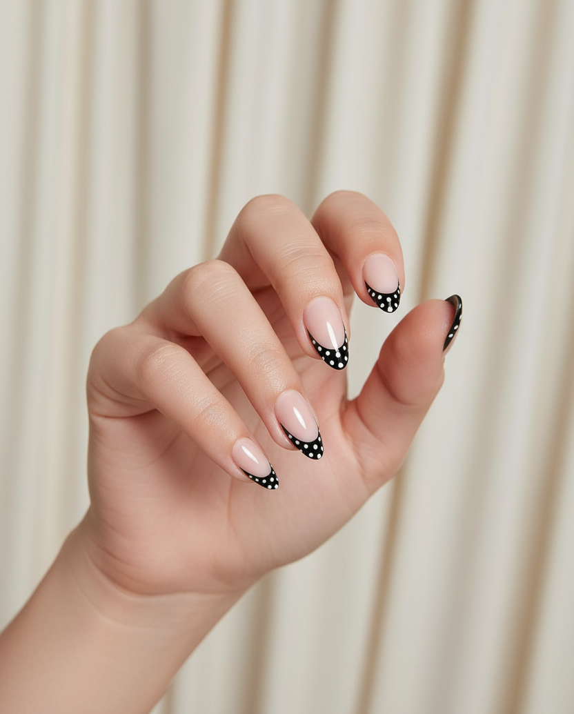 Hand with polka dot french tip Clawture Polka Noir press on nails against a beige curtain background