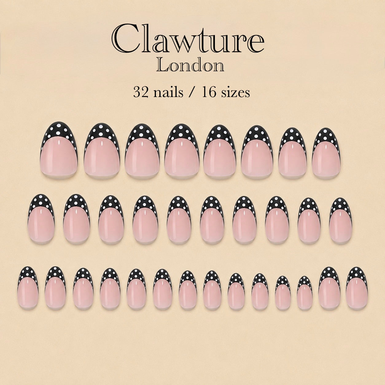 Set of false nails with black polka dots on a beige background, branded 'Clawture London'.