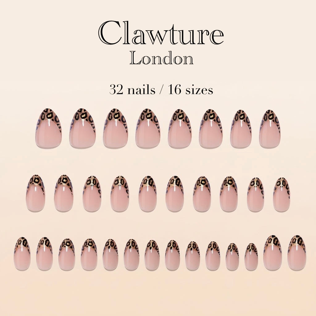 Set of Clawture Wild French tip false press on nails with a pattern from Clawture London on a beige background