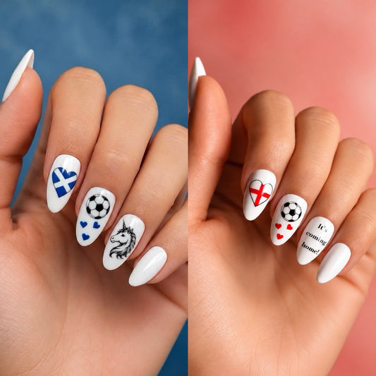 Two hands with Clawture england scotland worldcup football nails on a blue and pink background.