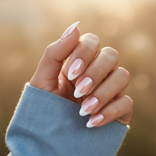 Close-up of a hand with classic nude Clawture Glowish press on nails against a blurred background