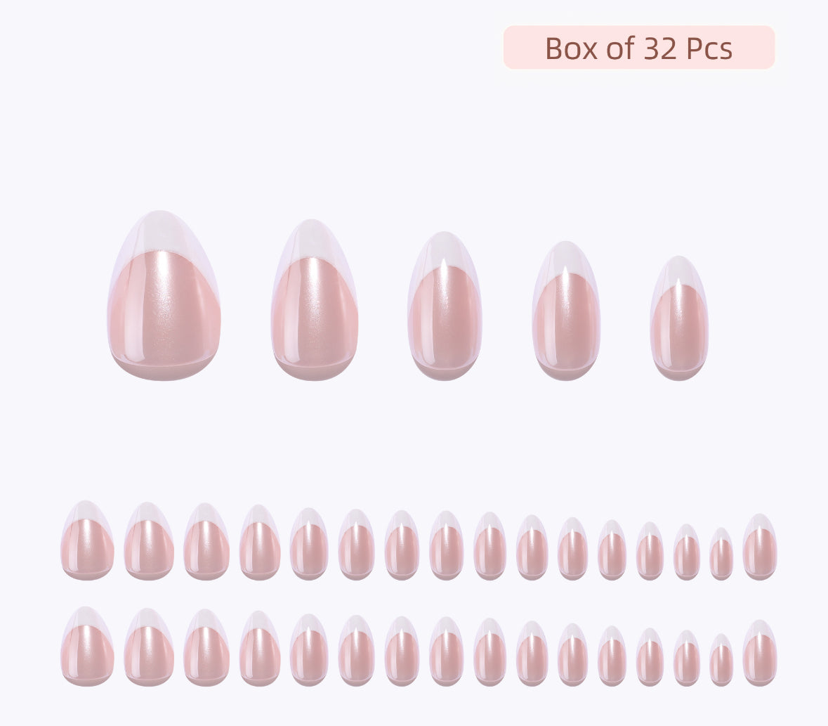 Clawture Glowish press on nails display of 32 natural false nails in classic nude color with white french tip on a white background
