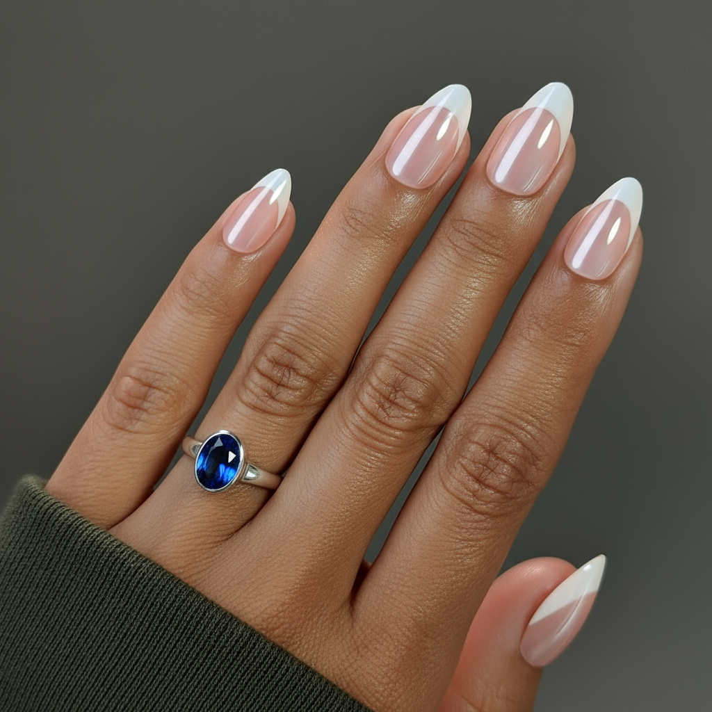 Classic nude Clawture Glowish press on nails on hand with a ring featuring a blue gemstone on a dark background