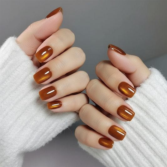 Close-up of hands with Clawture oh honey press on nails wearing a white textured sleeve.