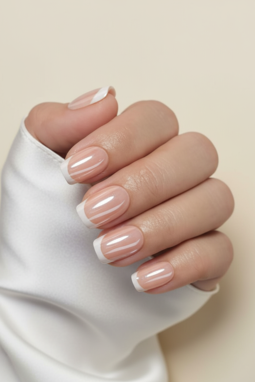 Hand with beige nail polish on a neutral background. Everyday icon clawture French manicure 