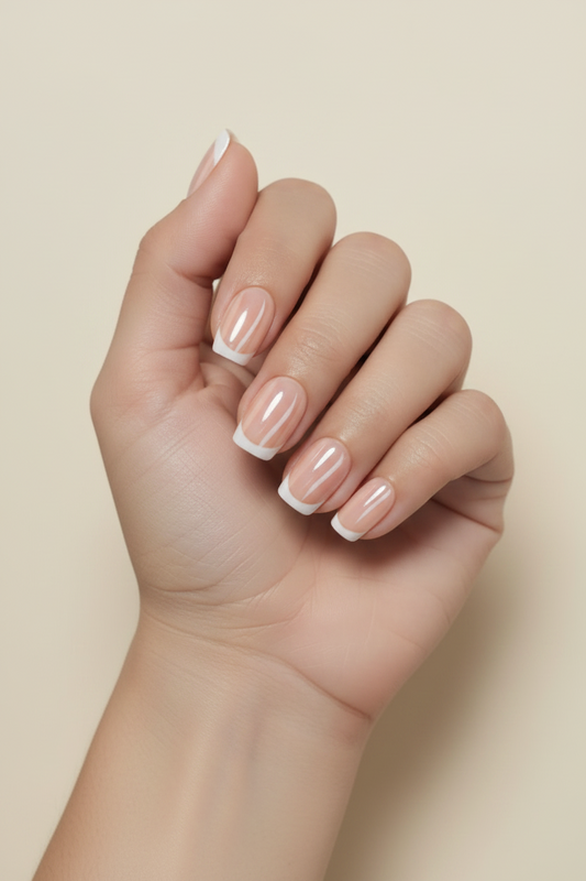 Hand with neatly manicured nails on a beige background. Clawture false press on nails everyday icon French 