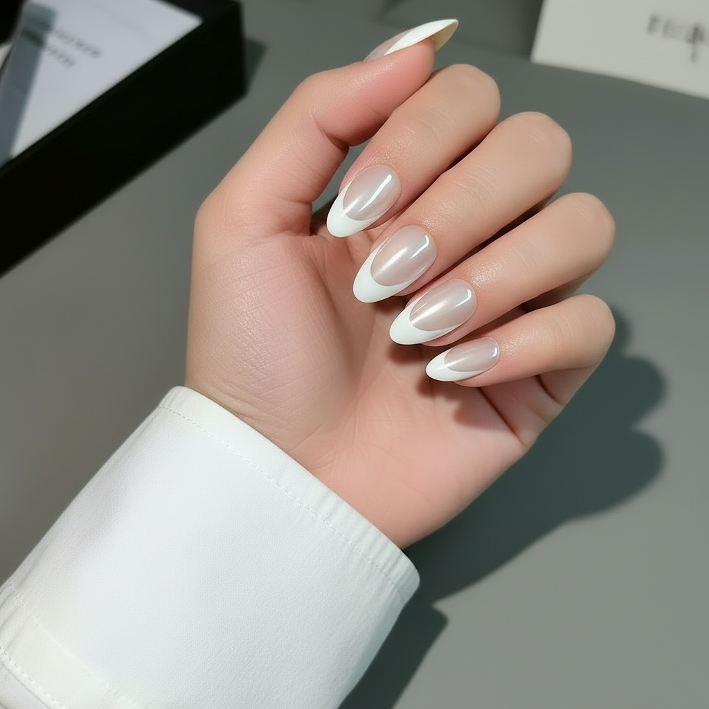 Hand with Frost Almond Clawture press on nails on a neutral office background
