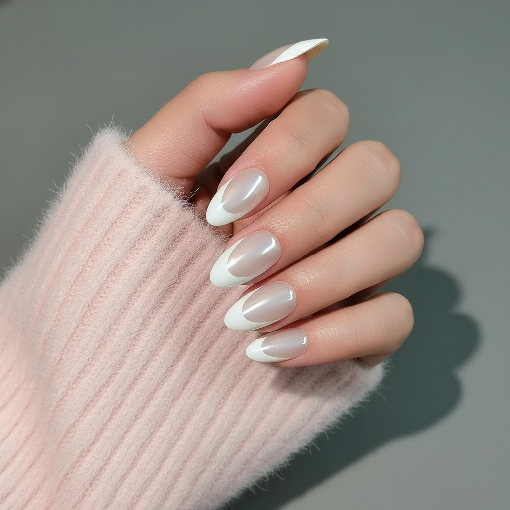 Hand with Frost Almond Clawture press on nails wearing a pink textured sleeve on a gray background