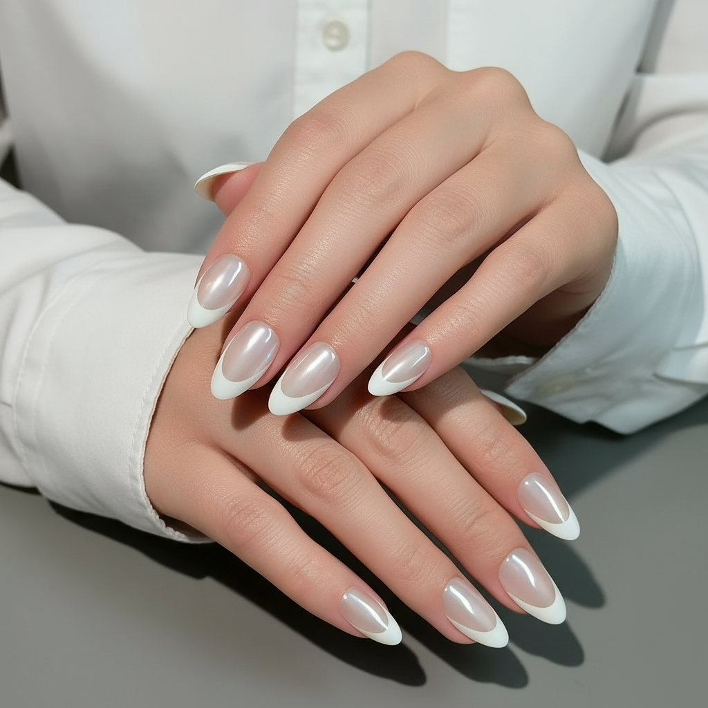 Close-up of a two hands with Frost Almond Clawture press on nails on a neutral background