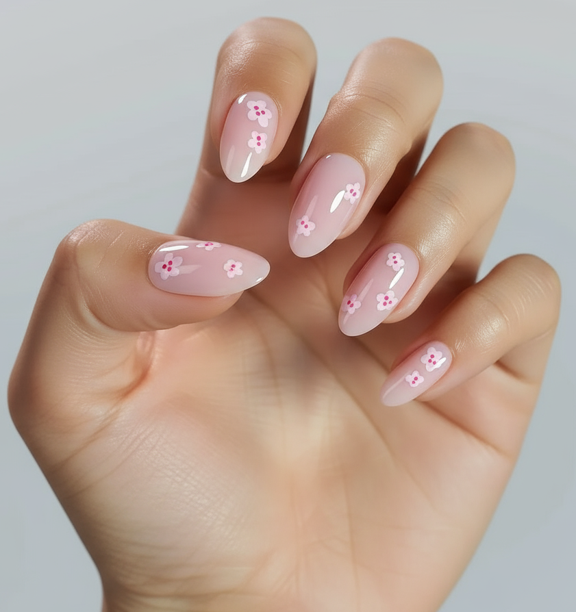 Hand with Clawture Girly Girl pink nails and floral designs on a light gray background