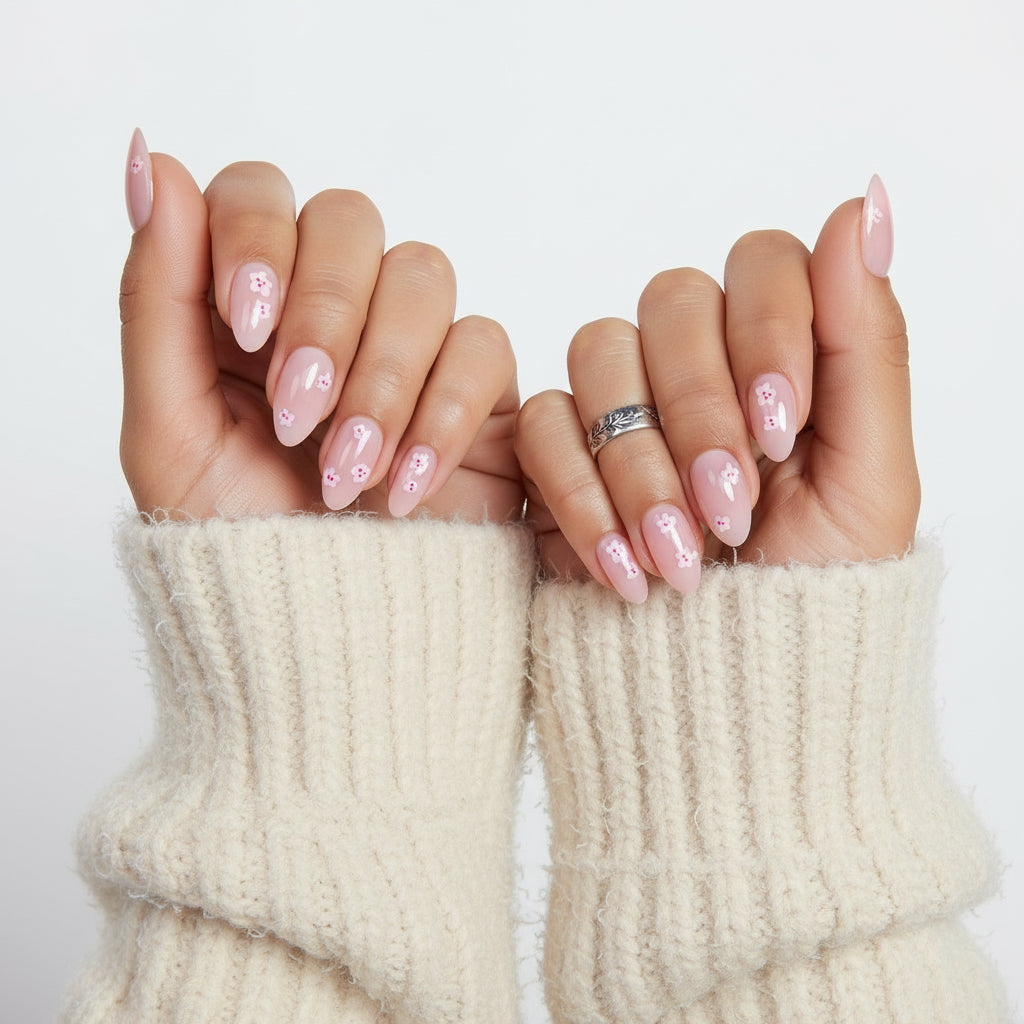 Hand with Girly Girl Clawture pink nails floral design and a gold ring on a light gray background