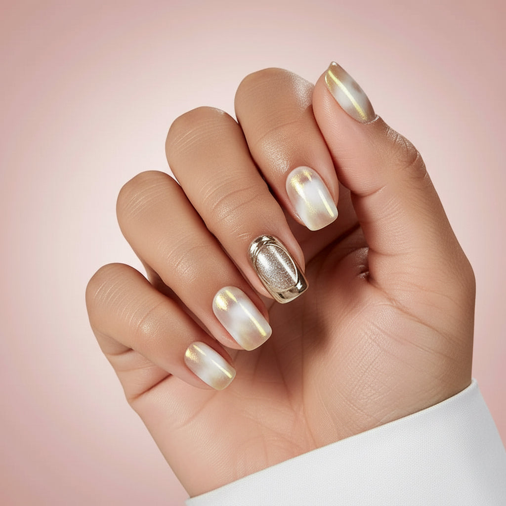 Hand with goddess clawture press on nails featuring a gold and white design on a pink background