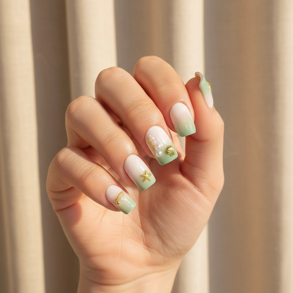 Hand with pastel green and white Hawaii Clawture Press On Nails Sea Ocean Decorations on a neutral background