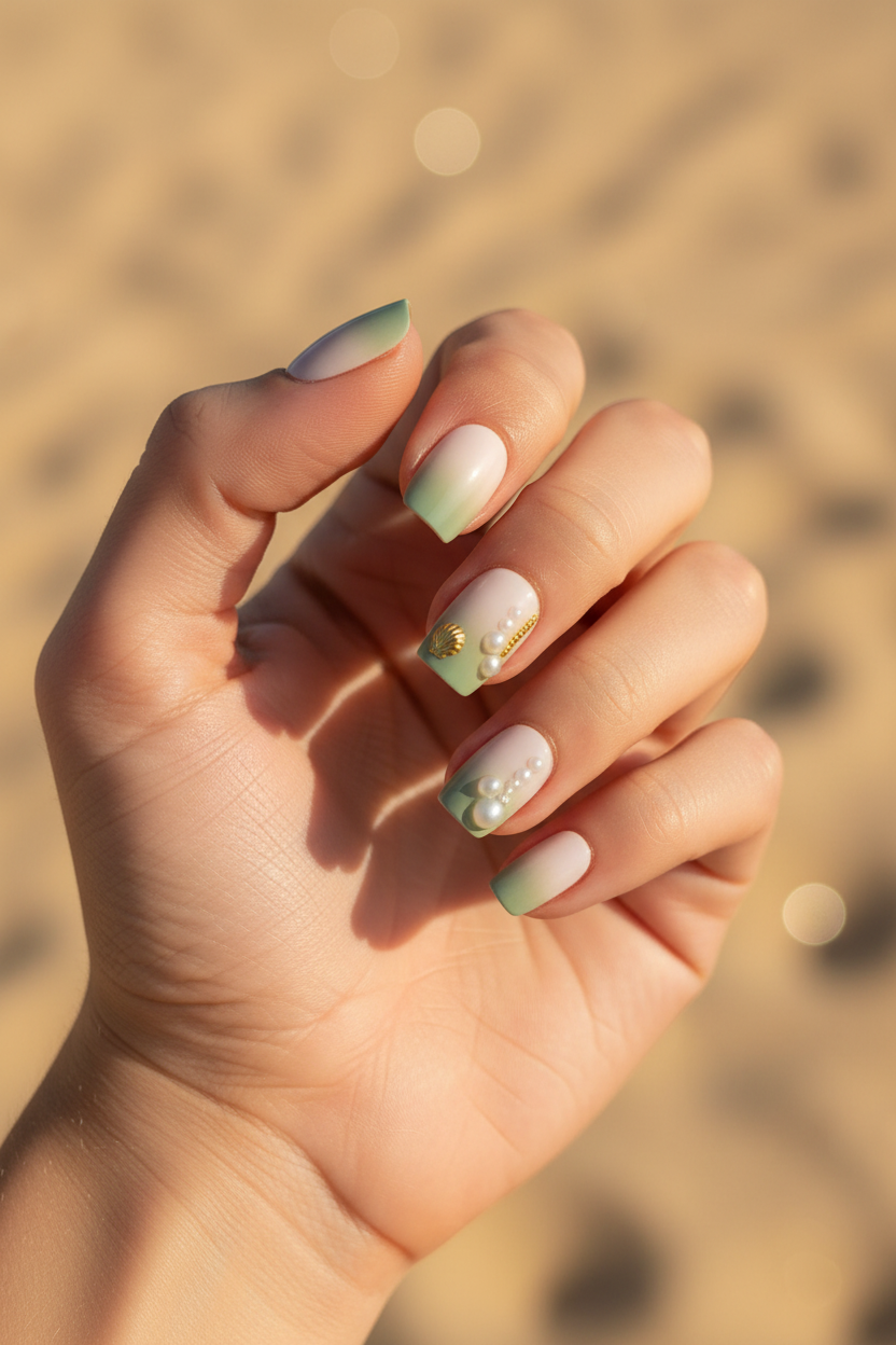 Hand with Hawaii Clawture Press On Nails Sea Ocean Decorations against a blurred natural background