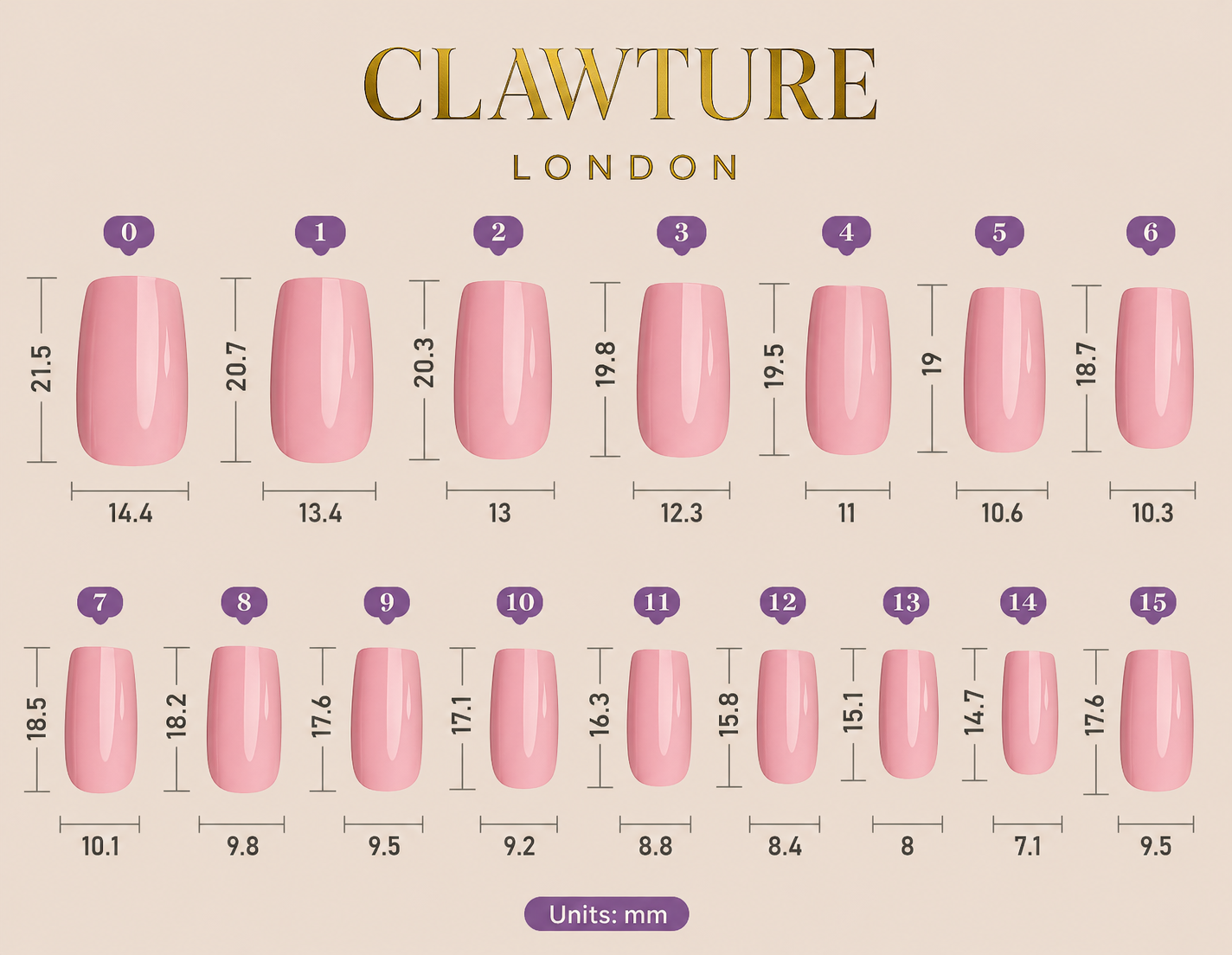 Measurement chart for false nails by Clawture London with pink nail shapes and corresponding measurements.