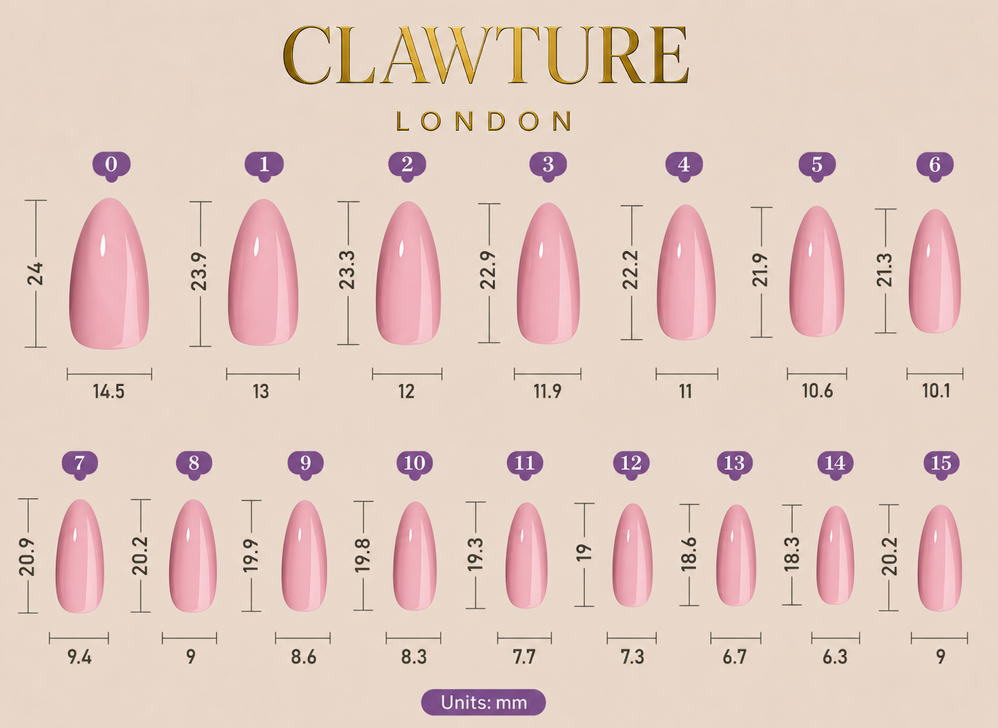Nail tip size chart by Clawture London with pink nail tips and measurements.